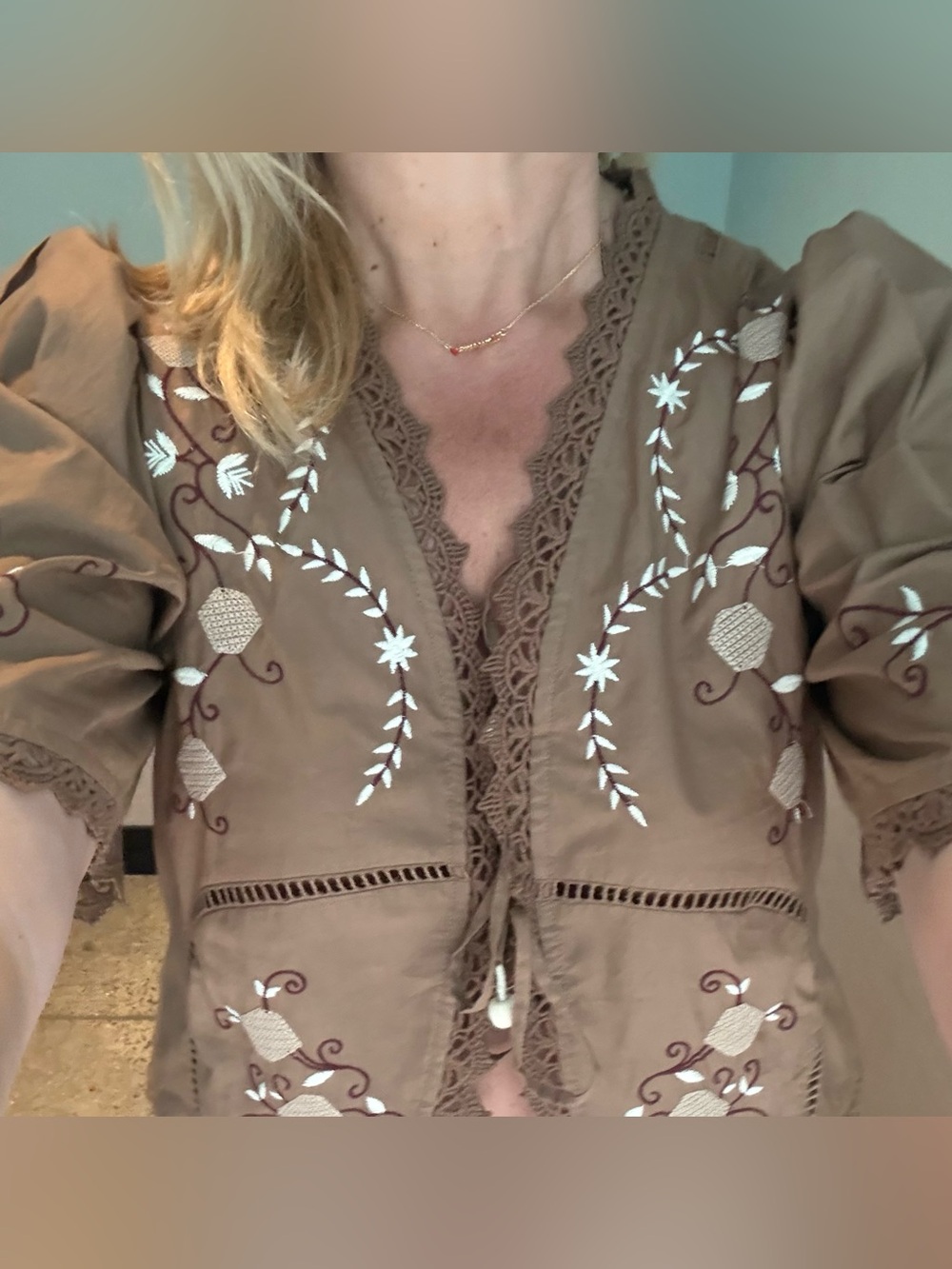 Embroidered Puff-Sleeve Crop eyelet top - Picture 2 of 3